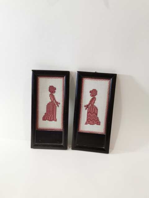 2x Lady Original Wooden Frame With Embroidery Picture Art Nouveau - image 1