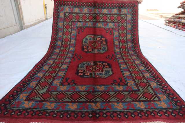 3'10x5'1 Afghan Red Akhcha Handmade New Area Rug, High Pile Rug Turkmen Bokhara Rug Livingroom Tribal Bedroom Office - image 1