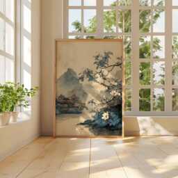 Chinese Landscape Poster, Vintage Mountain Wall Art, Magnolia Tree Print, Traditional Asian Painting, Tranquil Nature Decor, Zen Home Art - thumbnail 3