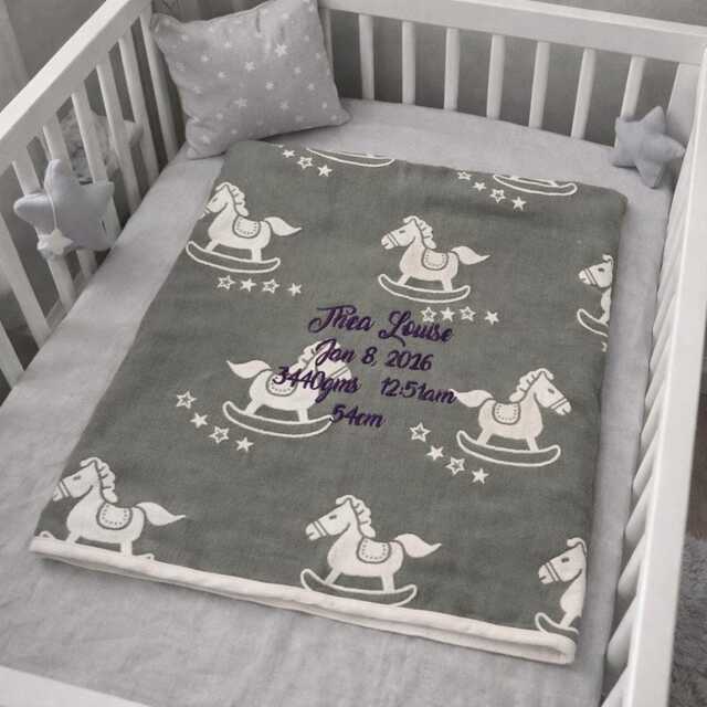 Personalised Rocking Horse Reversible Baby Blanket, Embroidered, Personalized Baby Gift, Grey, Blue, Pink - image 1