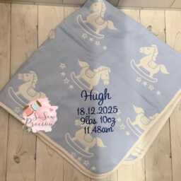 Personalised Rocking Horse Reversible Baby Blanket, Embroidered, Personalized Baby Gift, Grey, Blue, Pink - thumbnail 2