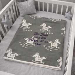 Personalised Rocking Horse Reversible Baby Blanket, Embroidered, Personalized Baby Gift, Grey, Blue, Pink - thumbnail 1