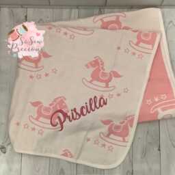 Personalised Rocking Horse Reversible Baby Blanket, Embroidered, Personalized Baby Gift, Grey, Blue, Pink - thumbnail 3