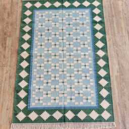 Boho Flatweave Rug - Green Border Blue Geometric Handmade Cotton Area For Living Room Decor & Curated Interiors in Custom Options - thumbnail 2