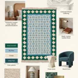 Boho Flatweave Rug - Green Border Blue Geometric Handmade Cotton Area For Living Room Decor & Curated Interiors in Custom Options - thumbnail 3
