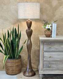 Handcrafted Mango Wood Floor Lamp With Linen Shade - Polished Finish
