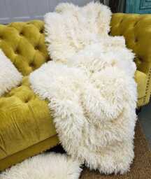 Luxury Mongolian Faux Fur Throw Blanket - Cream Curly Bedspread With Ivory Faux-Suede Backing - thumbnail 1