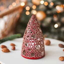 Red Christmas Tree Tea Light Holder Ceramic Holiday Centerpiece - thumbnail 3