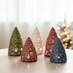 Hand-Carved Christmas Tree Tea Light Holder, Ceramic Scandinavian Decor, Red White Green Blue
