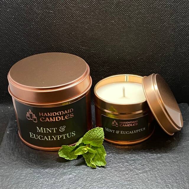 Mint & Eucalyptus Scented Candle, Handmade Soy Wax Tin Container, Valentines Day Gift, Lockdown Birthday Gift For Her Or Him - image 1