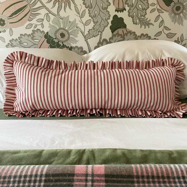 Ruffle Lumbar Cushion Cover, Red Ticking Stripe, Handmade Frilled Bolster Pillow 96cm - image 1