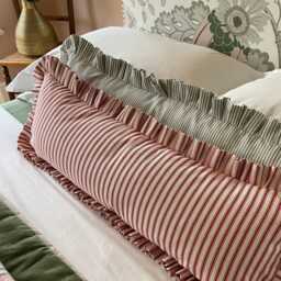 Ruffle Lumbar Cushion Cover, Red Ticking Stripe, Handmade Frilled Bolster Pillow 96cm - thumbnail 3