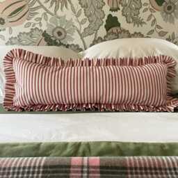 Ruffle Lumbar Cushion Cover, Red Ticking Stripe, Handmade Frilled Bolster Pillow 96cm - thumbnail 1