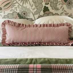Ruffle Lumbar Cushion Cover, Red Ticking Stripe, Handmade Frilled Bolster Pillow 96cm - thumbnail 2
