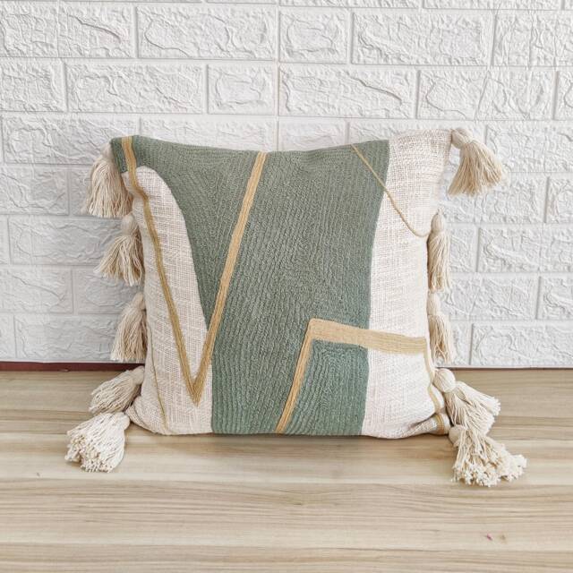Sage Green & Ivory Boho Textured Cotton Throw Pillow Case Crewel Embroidered 18x18, 20x20 Cushion Cover Decorative Handmade - image 1