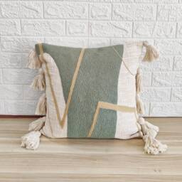 Sage Green & Ivory Boho Textured Cotton Throw Pillow Case Crewel Embroidered 18x18, 20x20 Cushion Cover Decorative Handmade - thumbnail 1