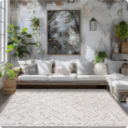 Hand Tufted Beige & White Moroccan Rug -White Shag Rug, Custom Made Berber Carpet, Large Area - thumbnail 3