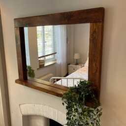 Rustic Jacobean Wooden Mirror With Shelf - Handcrafted Wall D??cor For Bathroom, Bedroom, Fireplace - thumbnail 3