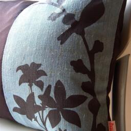 steel Blue Cardinal Pillow Faux Linen Floral Print, Brown Silk Back - 12x18 - thumbnail 2