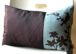 steel Blue Cardinal Pillow Faux Linen Floral Print, Brown Silk Back - 12x18