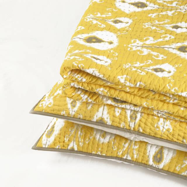 Handcrafted Yellow Ikat Quilt Set - Stripe Pattern Kantha Quilted Bedding - image 1