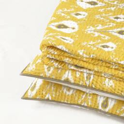 Handcrafted Yellow Ikat Quilt Set - Stripe Pattern Kantha Quilted Bedding - thumbnail 1