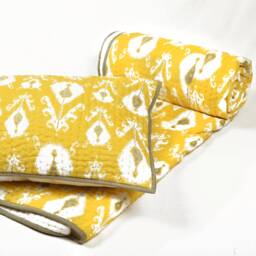 Handcrafted Yellow Ikat Quilt Set - Stripe Pattern Kantha Quilted Bedding - thumbnail 3