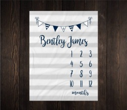 Nautical Boy Milestone Blanket Month Baby Growth Tracker Soft Fleece Shower Newborn Gift Watch Me Grow - thumbnail 1