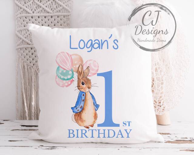 Personalised 1st Birthday Peter Rabbit Pink Water Colour White Super Soft Cushion Cover Flopsy Ages 1-5 - image 1