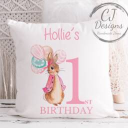 Personalised 1st Birthday Peter Rabbit Pink Water Colour White Super Soft Cushion Cover Flopsy Ages 1-5 - thumbnail 3