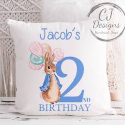 Personalised 1st Birthday Peter Rabbit Pink Water Colour White Super Soft Cushion Cover Flopsy Ages 1-5 - thumbnail 2