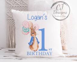 Personalised 1st Birthday Peter Rabbit Pink Water Colour White Super Soft Cushion Cover Flopsy Ages 1-5 - thumbnail 1
