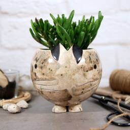 Handmade Ceramic Cat Planter With Legs Desk Decor - thumbnail 4