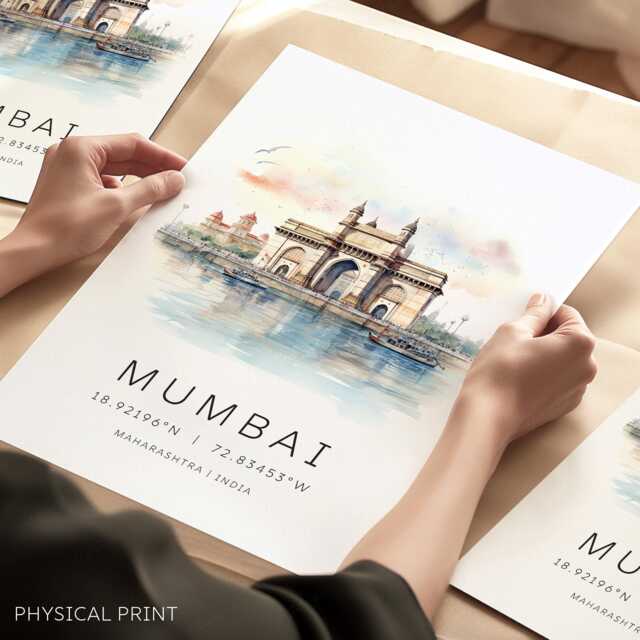 India Travel Poster, Mumbai Art Print, Gateway Of Landmark Prints, Map Corodinates, Unique Gifts - image 1