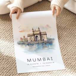 India Travel Poster, Mumbai Art Print, Gateway Of Landmark Prints, Map Corodinates, Unique Gifts - thumbnail 2