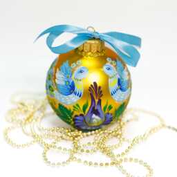 Hand Painted Glass Christmas Ornament, Petrykivka Peacock Design, Personalized Bauble
