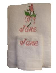 Rosebud Towel - Two Set Of Bath & Washclothfor Flowergirl Wedding Gift Custom Embroidered Personalized