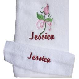 Rosebud Towel - Two Set Of Bath & Washclothfor Flowergirl Wedding Gift Custom Embroidered Personalized - thumbnail 3