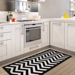Black & White Chevron Area Rug, Printed Linoleum Vinyl Mat. Art Mat With Zigzag Geometric Design - thumbnail 1