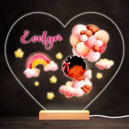 Dark Skin Baby Girl Balloons Colourful Heart Personalised Gift Lamp Night Light - Bedroom - thumbnail 1