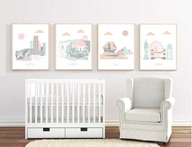 Personalized Travel Nursery Prints Custom Kids Room Wall Art - Set Of 4 - image 1
