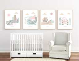 Personalized Travel Nursery Prints Custom Kids Room Wall Art - Set Of 4 - thumbnail 1