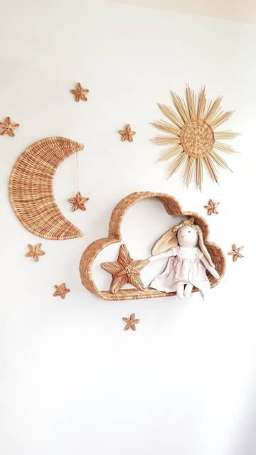 Rattan Moon Sun Stars Wall Hanging, Boho Kids Room Decor, Wicker Cloud Shelf - image 1