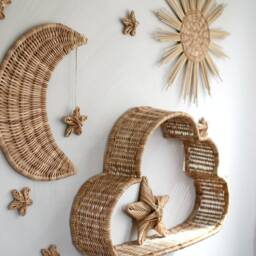 Rattan Moon Sun Stars Wall Hanging, Boho Kids Room Decor, Wicker Cloud Shelf - thumbnail 3
