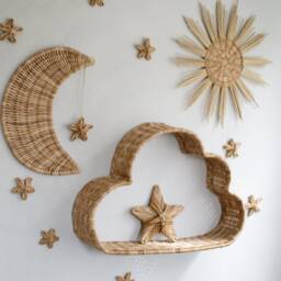 Rattan Moon Sun Stars Wall Hanging, Boho Kids Room Decor, Wicker Cloud Shelf - thumbnail 2