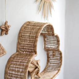 Rattan Moon Sun Stars Wall Hanging, Boho Kids Room Decor, Wicker Cloud Shelf - thumbnail 4