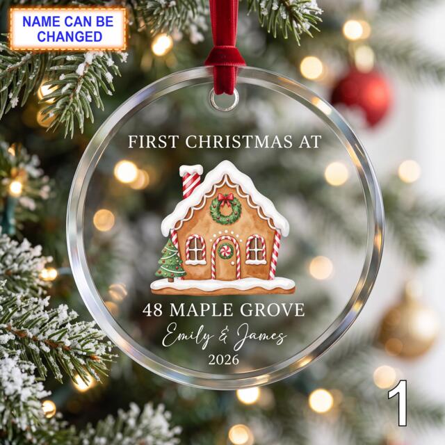 First Christmas Gingerbread House Glass Ornament, Personalized New Home Keepsake, Custom Family Address Gift With Snowy Pine Trees - image 1