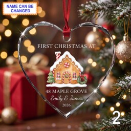 First Christmas Gingerbread House Glass Ornament, Personalized New Home Keepsake, Custom Family Address Gift With Snowy Pine Trees - thumbnail 2