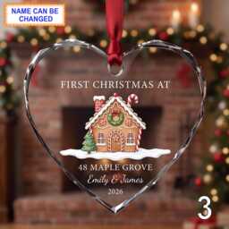 First Christmas Gingerbread House Glass Ornament, Personalized New Home Keepsake, Custom Family Address Gift With Snowy Pine Trees - thumbnail 3