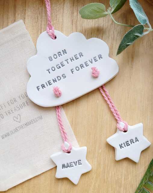Born Together Friends Forever, Personalised Twins Baby Gift, Cloud Nursery Decoration, Triplets, Baby's Christening Day, Siblings Keepsake - image 1
